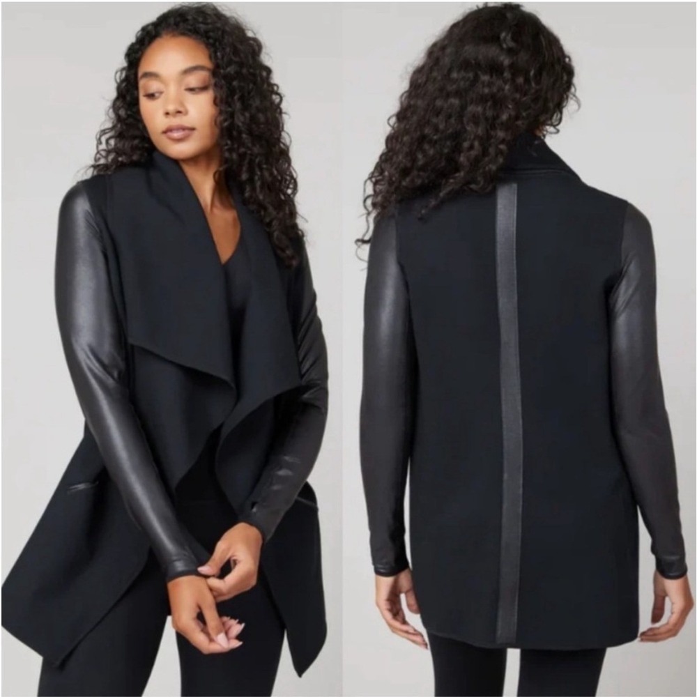 Spanx Faux Leather‎ Sleeve Cardigan Sz M Waterfall Drape Front Jacket Black Open